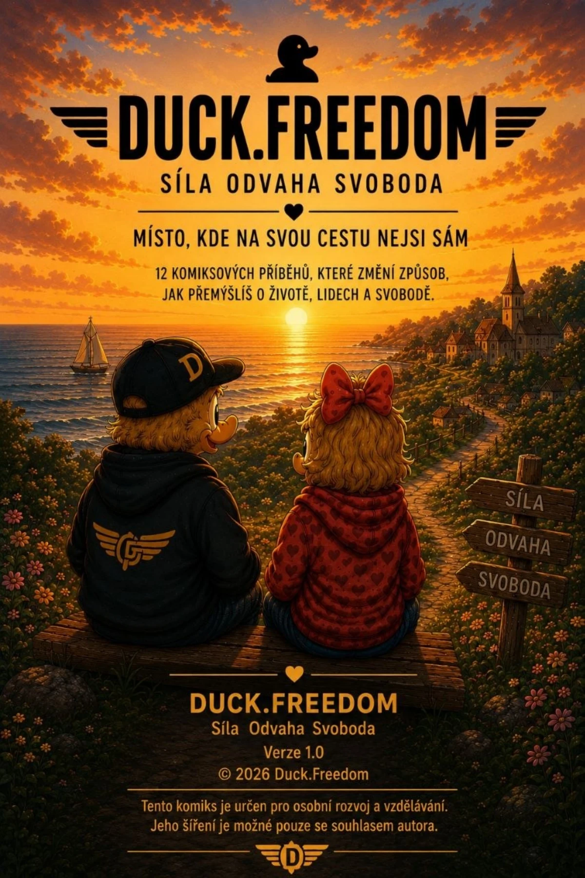 Obálka komiksu Duck.Freedom: Donalt a Daizy u moře při západu slunce